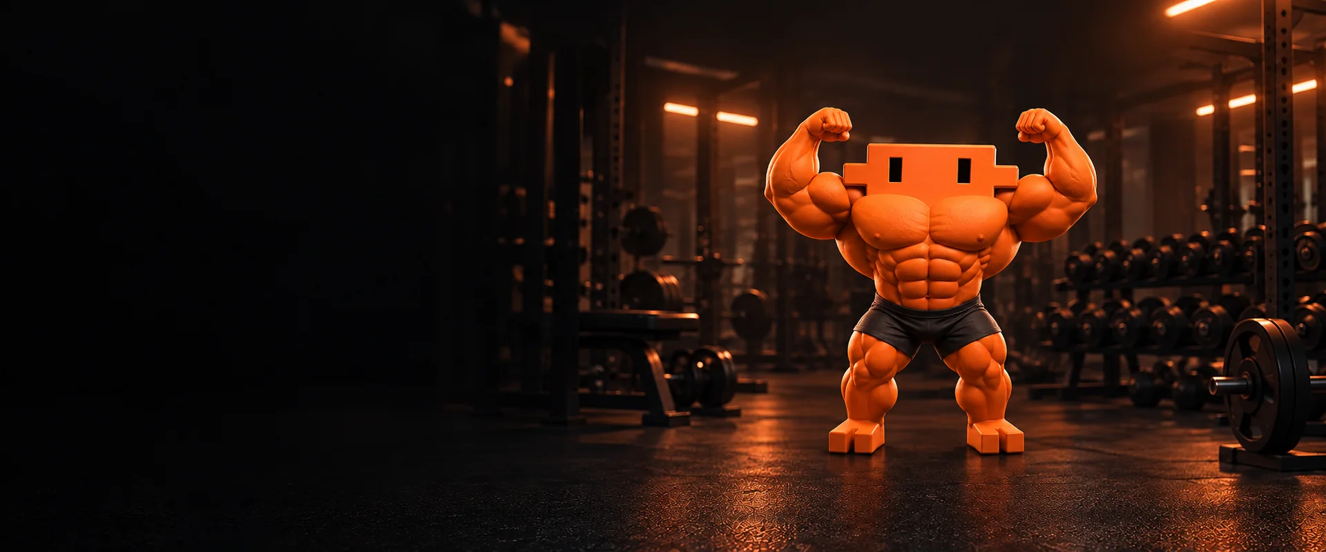 Mascote Clawd do Claude Code, laranja e musculoso, flexionando os braços em uma academia escura