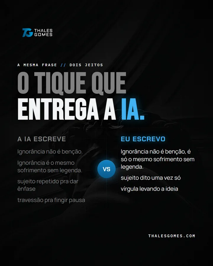 Arte de post com a manchete O tique que entrega a IA, comparando duas frases