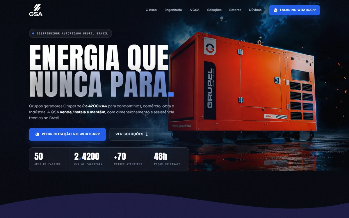 Capa do site da GSA Geradores, com um gerador laranja e a chamada Energia que nunca para