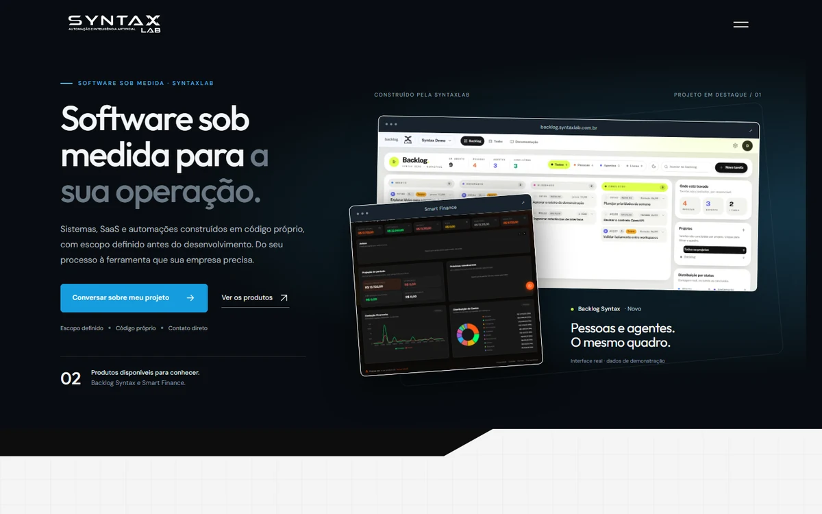 Capa do site da SyntaxLab, com a chamada Software sob medida para a sua operação e telas dos produtos